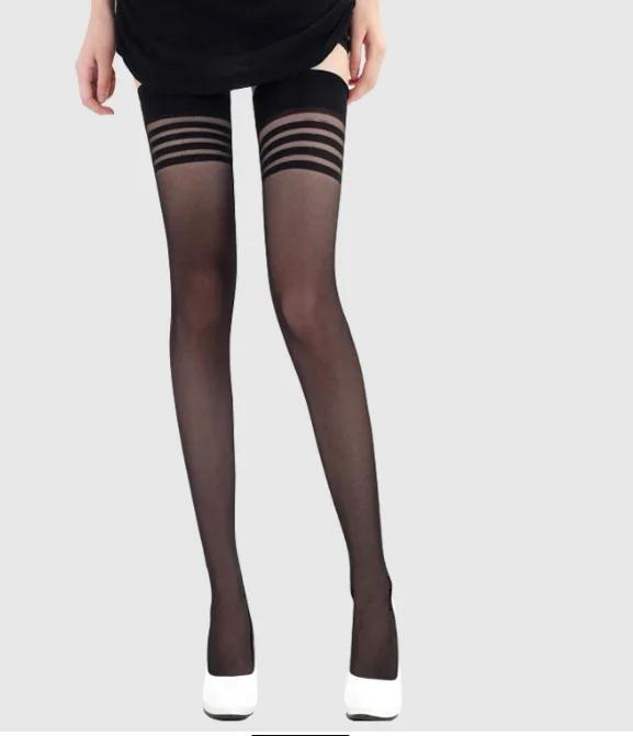 Women Sexy Stockings Lingerie Striped Black White Skin Over The Knee Pantyhose Summer Ultra-Thin Mesh Transparent Silk Stockings