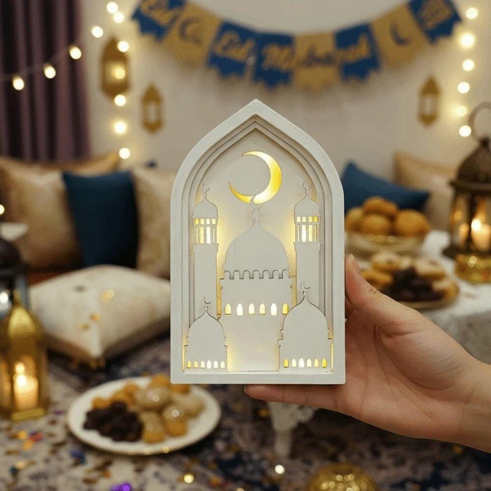 Creative Night Light Ornament LED Eid Wooden Decoration Handmade Eid Desktop Ornament  Scene Layout