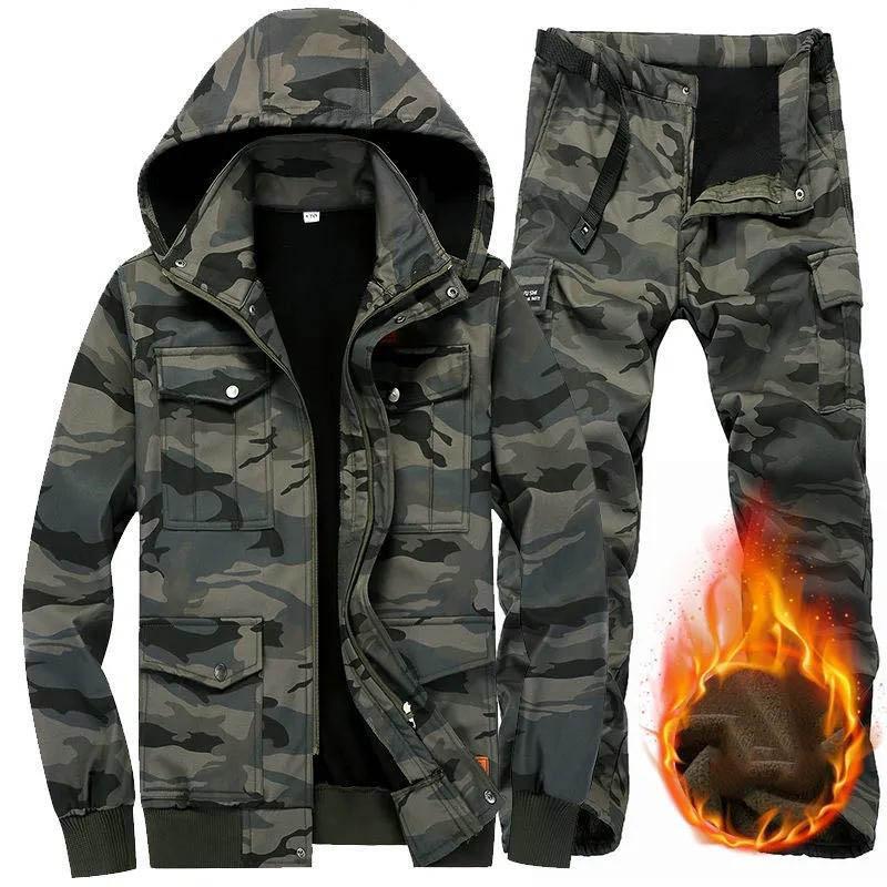 Pánská podzimní zimní venkovní maskáčová zateplená bunda s límečkem, fleecová bunda a kalhoty, 2dílná sada