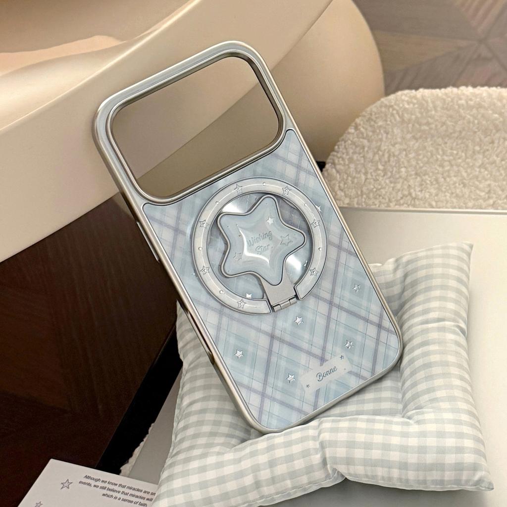 Korean-style blue case for Apple 17pm, 15 magnetic stand, iPhone 16 gold-plated grid pattern stars, 14 electroplated
