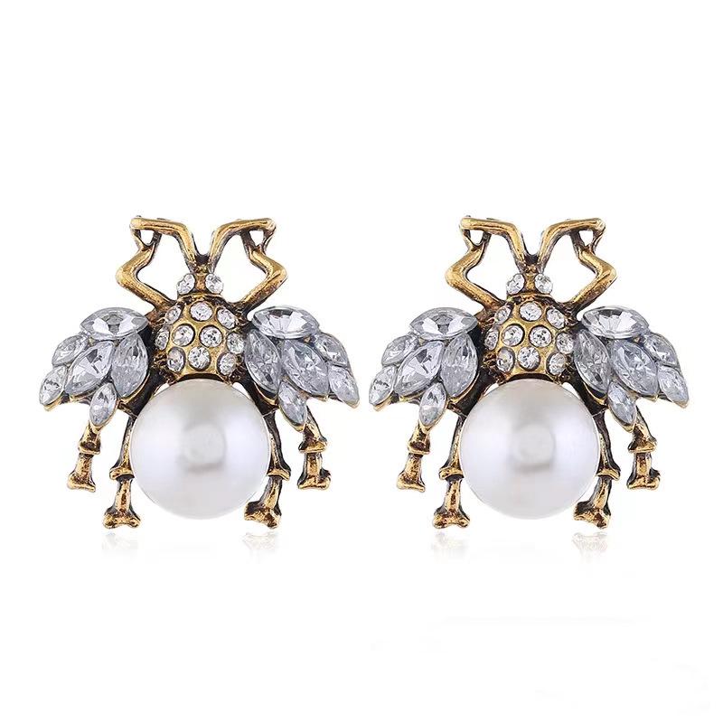 Vintage Spider and Bee Pearl Rhinestone Stud Earrings