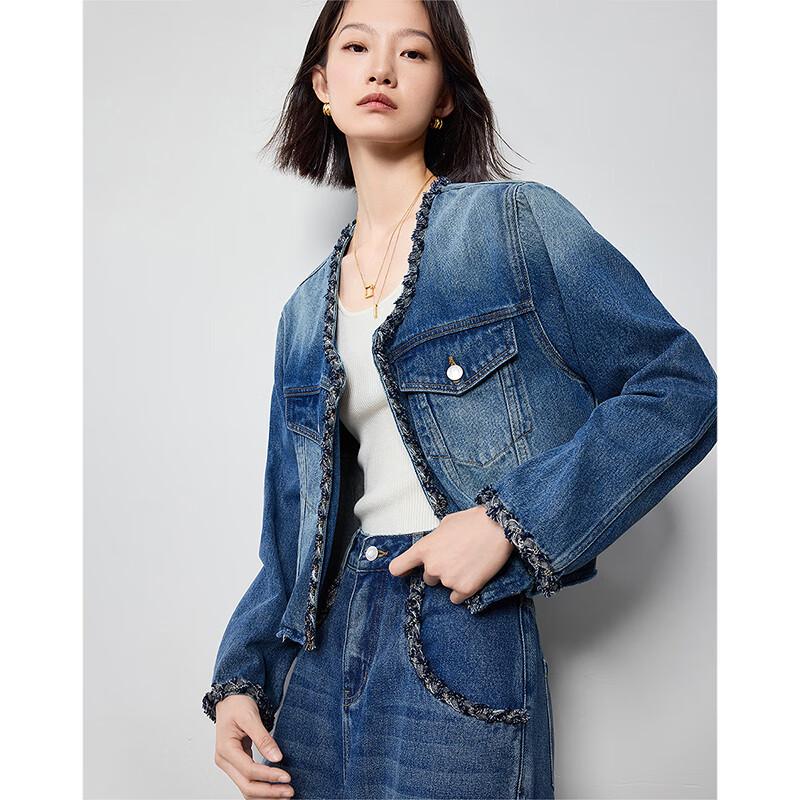 Chuyu Women's Retro Woven Trim Denim Jacket