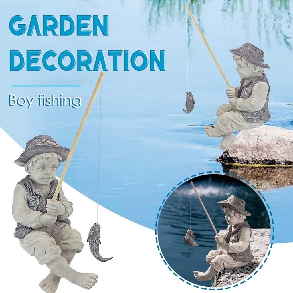 Funny Gone Fishing Boy Garden Statue Decor Creative Fisherman Garden Yard Lawn Resin Decoration Outdoor Figurine Home Ornaments