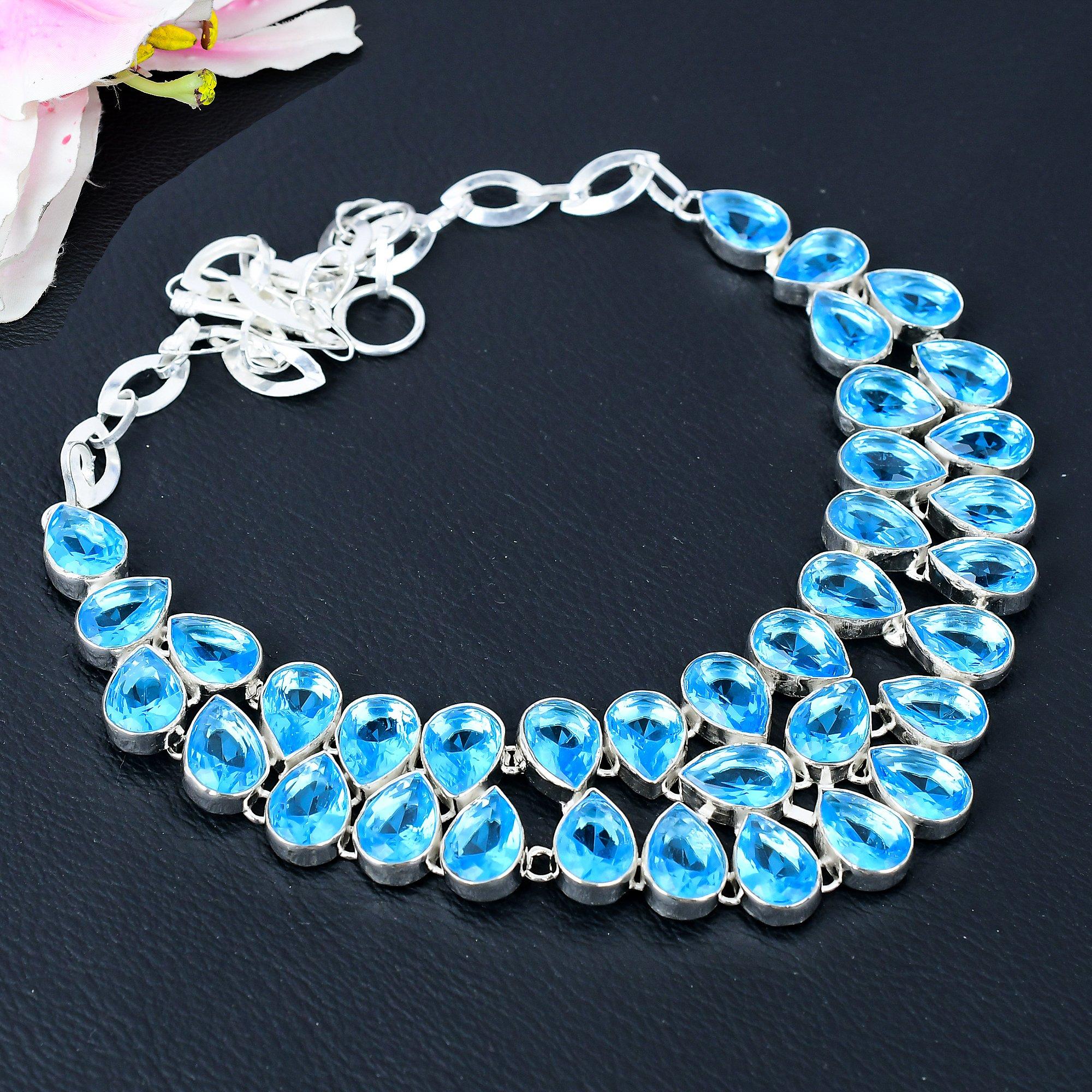 

Swiss Blue Topaz Gemstone Handmade 925 Sterling Silver Jewelry Necklace 18 KG-412