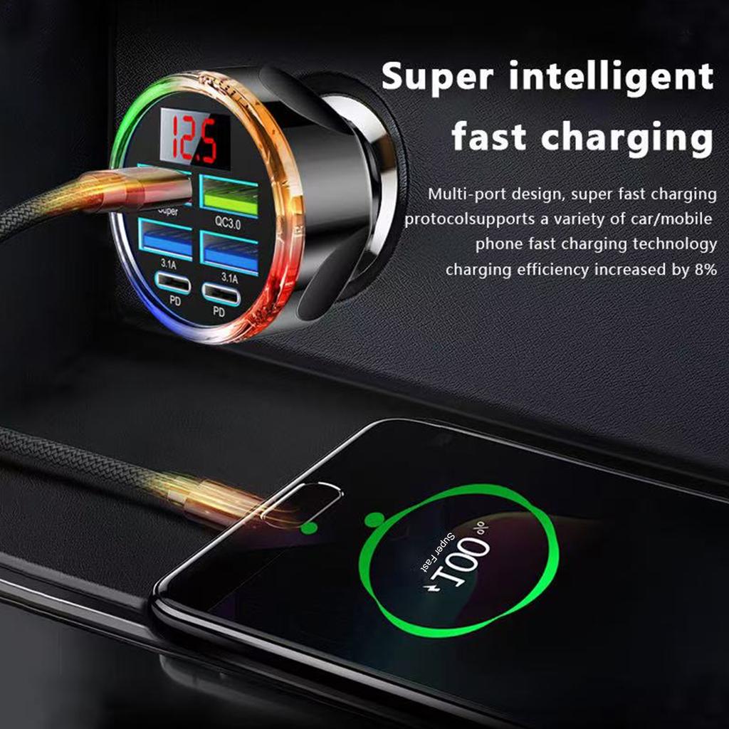 UYUXIO Multi Port USB C Car Charger Adapter 6 In 1 with Voltage Display Fast Charge with Volt Meter for iPhone 17 16 Samsung
