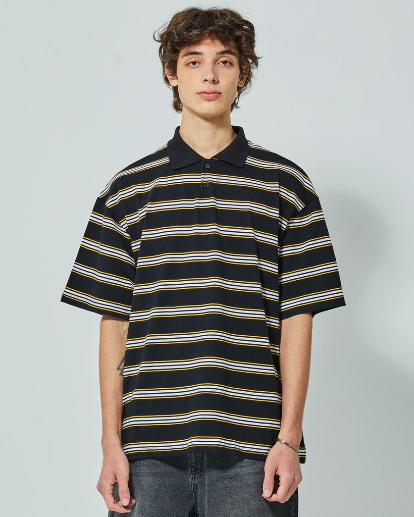 Flexible Stripe Collar Half Tee Black
