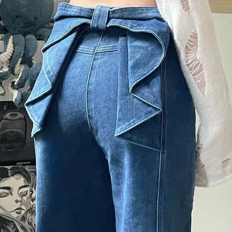 

WTEMPO Американские ретро-лоскутные длинные джинсы с бантом сзади, женские большие размеры, высокая талия, свободные широкие джинсовые брюки, уличная одежда XL синий