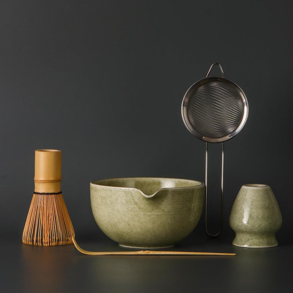 DiDiBirDi Matcha Tea Ceremony Includes Matcha Matcha Whisk Matcha Bamboo Traditional Bamboo and Stainless Steel Sieve Set, 5-Piece Set, Bowl, Stand,