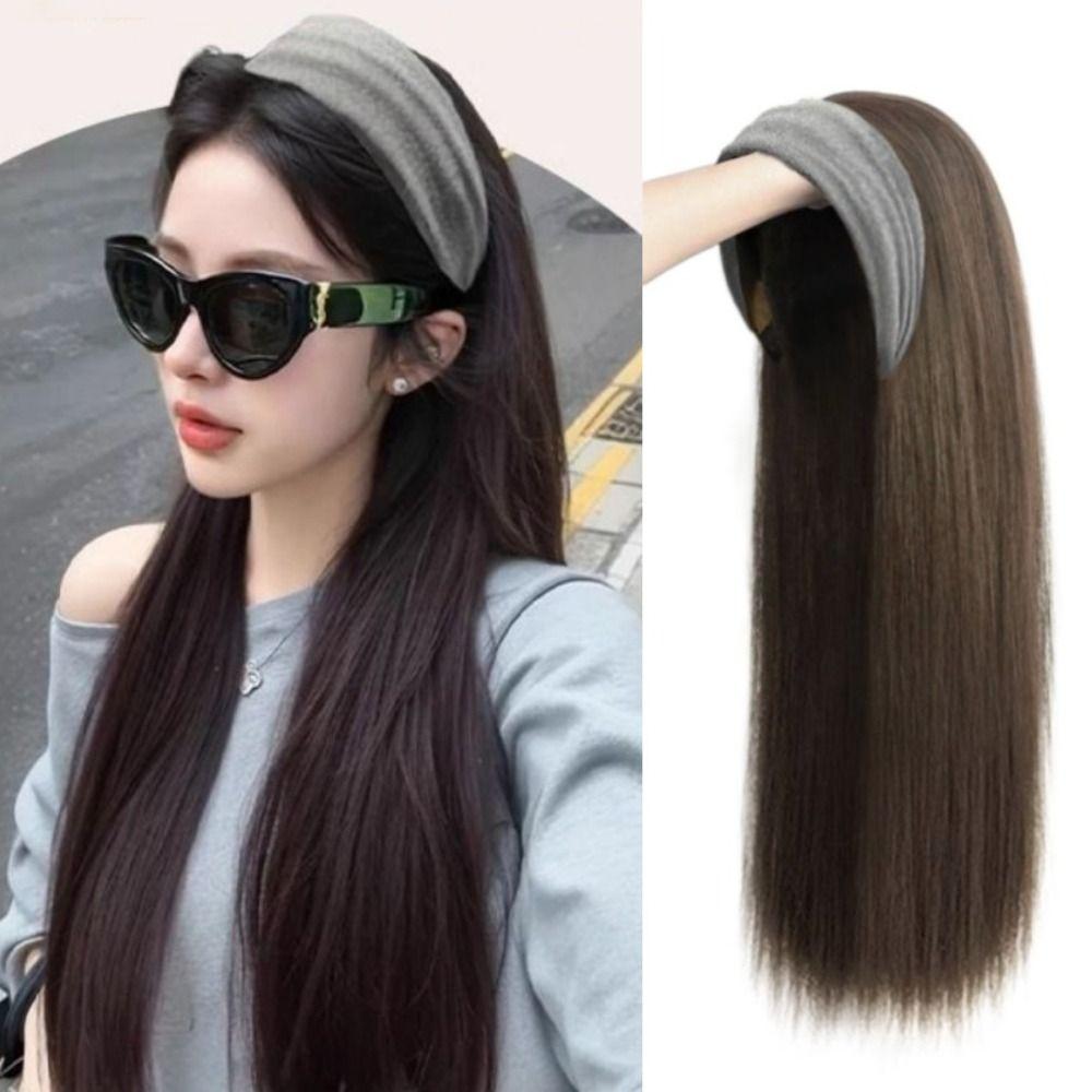 Hair Hoop Half Headband Wig Korean Style Long Straight Hair Gray Wide Knit Headband Wig Daily Wear
