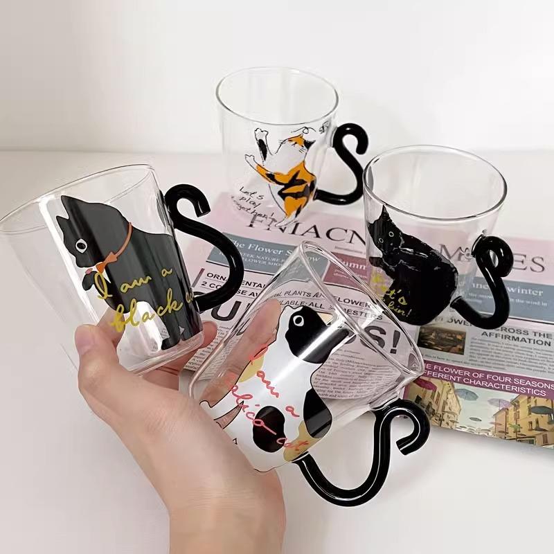 1-2pcs 250 ml Cute Black Cat Glass Coffee Mug Set Handgrip Animal Shaped Milk Water Juice Mugs Tea Cup Japanese Style Gift