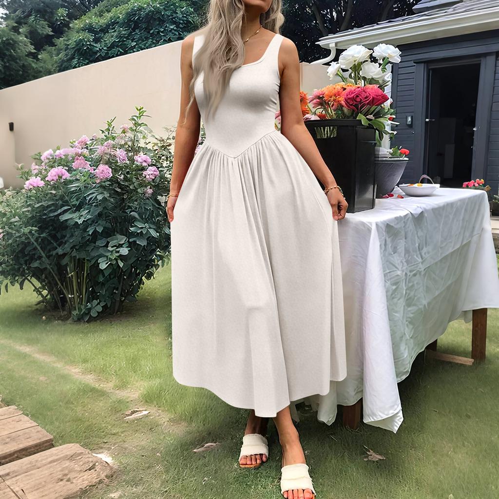Women's Casual Dress With Square Neck, Long Sleeveless Maxi Dress For Daily Life, Women's Summer Dress