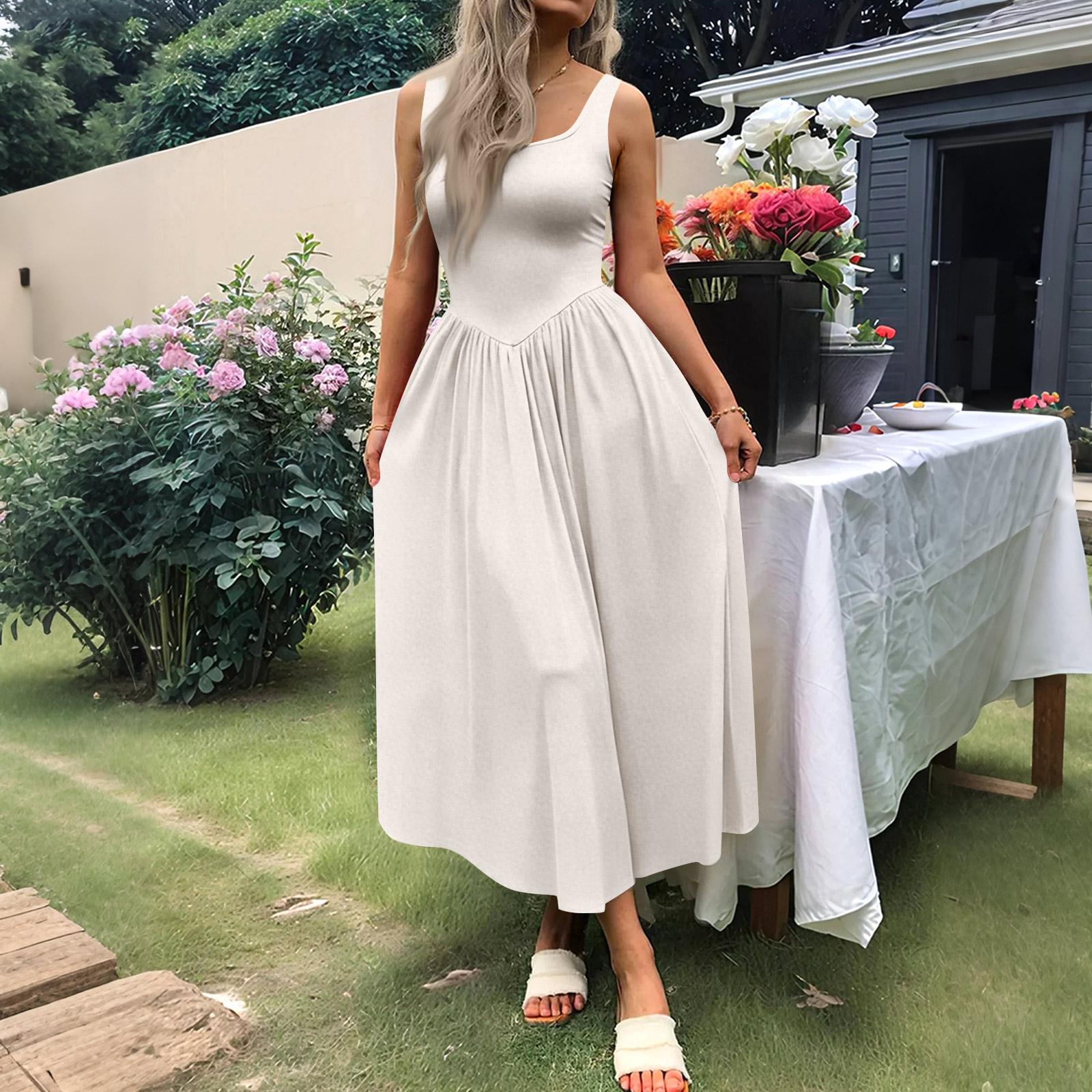 

Women s Casual Dress With Square Neck, Long Sleeveless Maxi Dress For Daily Life, Women s Summer Dress XL білий