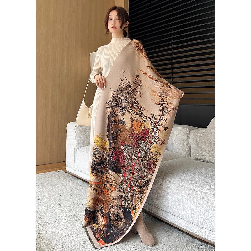Imitation Cashmere Scarf for Women In Autumn and Winter Chinese Painting Exquisite Fashion Scarf Versatile Warm and High End Tassel Shawl