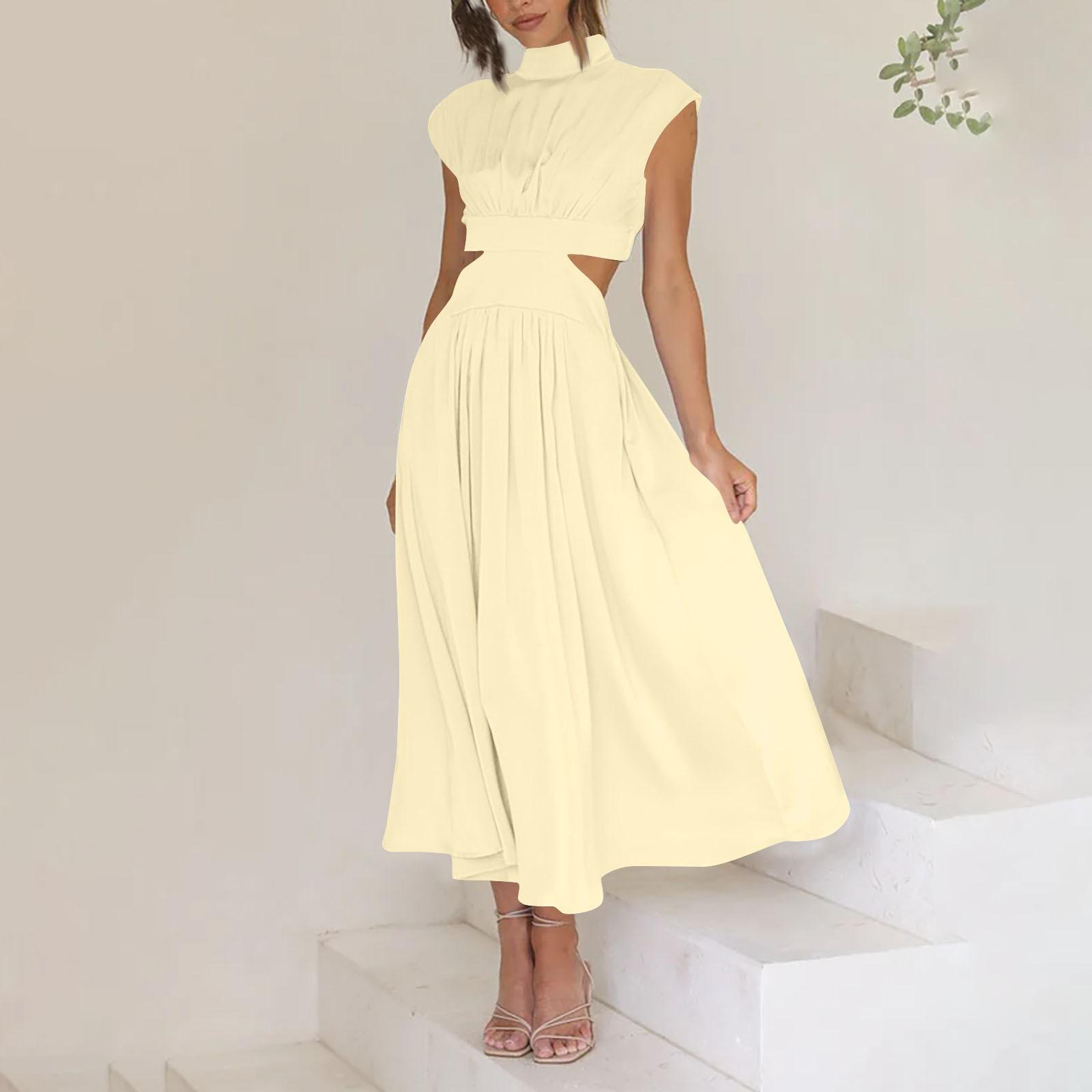 

Женское сплошное цветное повседневное платье макси с высокой шеей и высокой талией, карманом и открытой талией S жёлтый