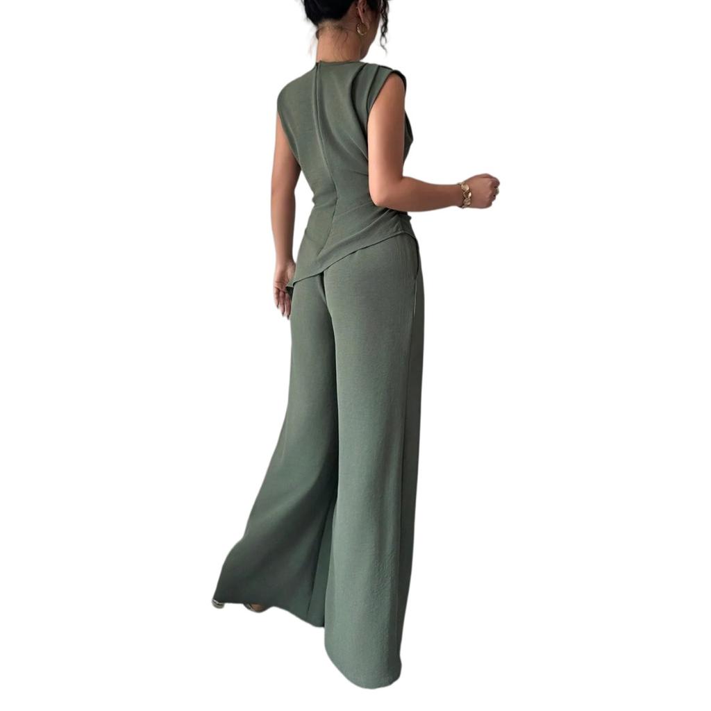 Women's 2-Piece Fashionable Casual Sleeveless Asymmetric Top And Wide-Leg Pants Set