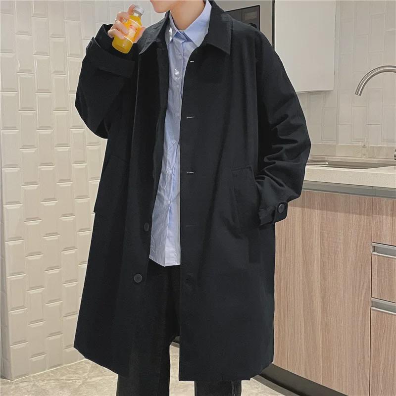 Herbstlicher Trenchcoat in japanischem Stil, mittellang, einfarbig, von Hongkong inspiriert, lockere koreanische Freizeitjacke für Herren