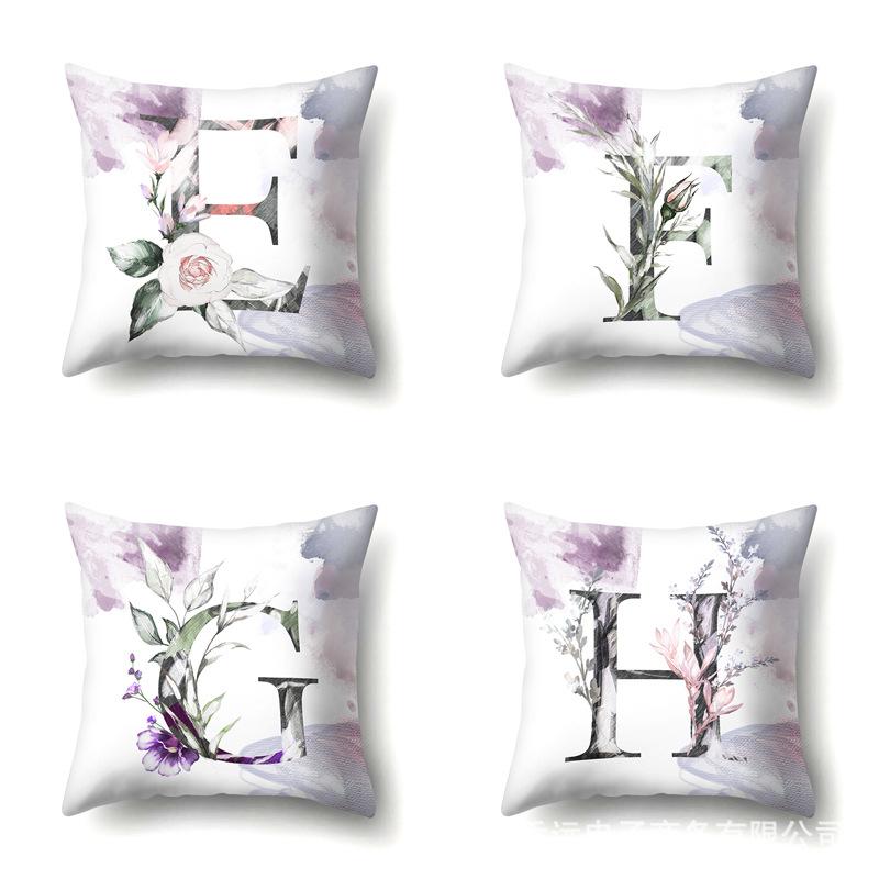 Polyester Pillowcase Home Watercolor Flower Print Pillowcase 26 English Letters Bedside Cushion Cover