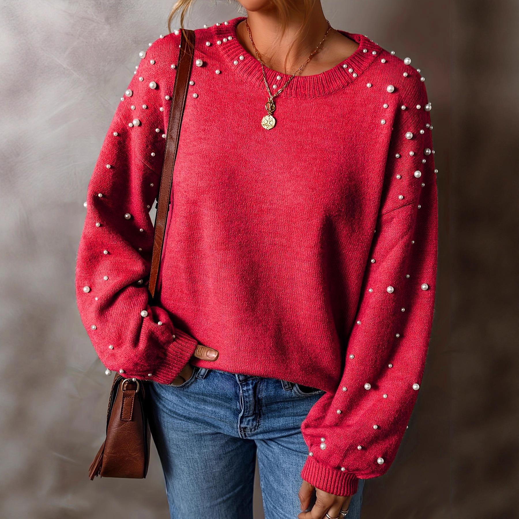 

Plus Size Beaded Knit Sweater – 2025 Autumn/Winter New Arrival, Loose Round Neck Pullover, Long Sleeve Top 1XL червоний