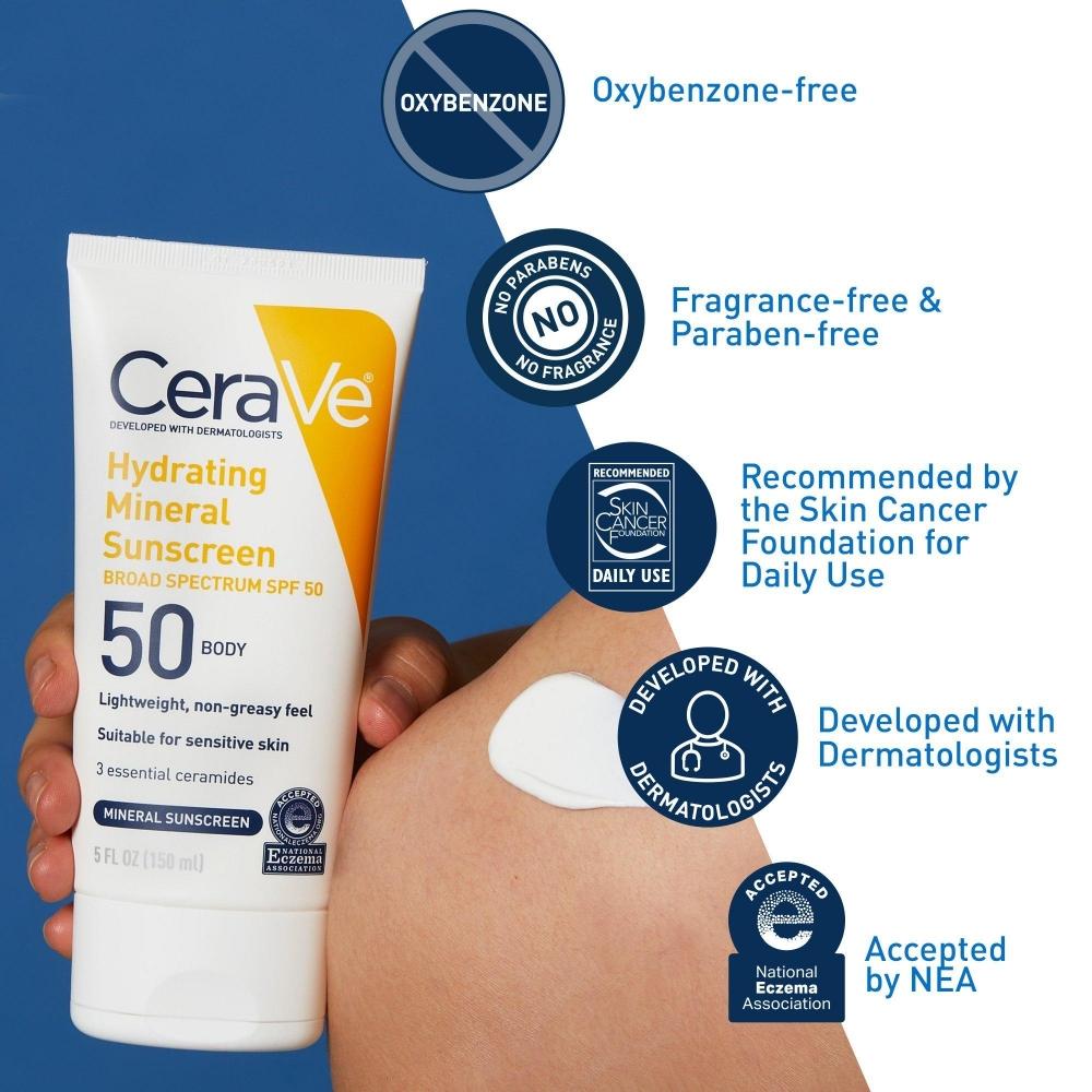 Cerave Hydrerende Mineral Solkrem Lotion For Kropp SPF 50 5.0 Oz