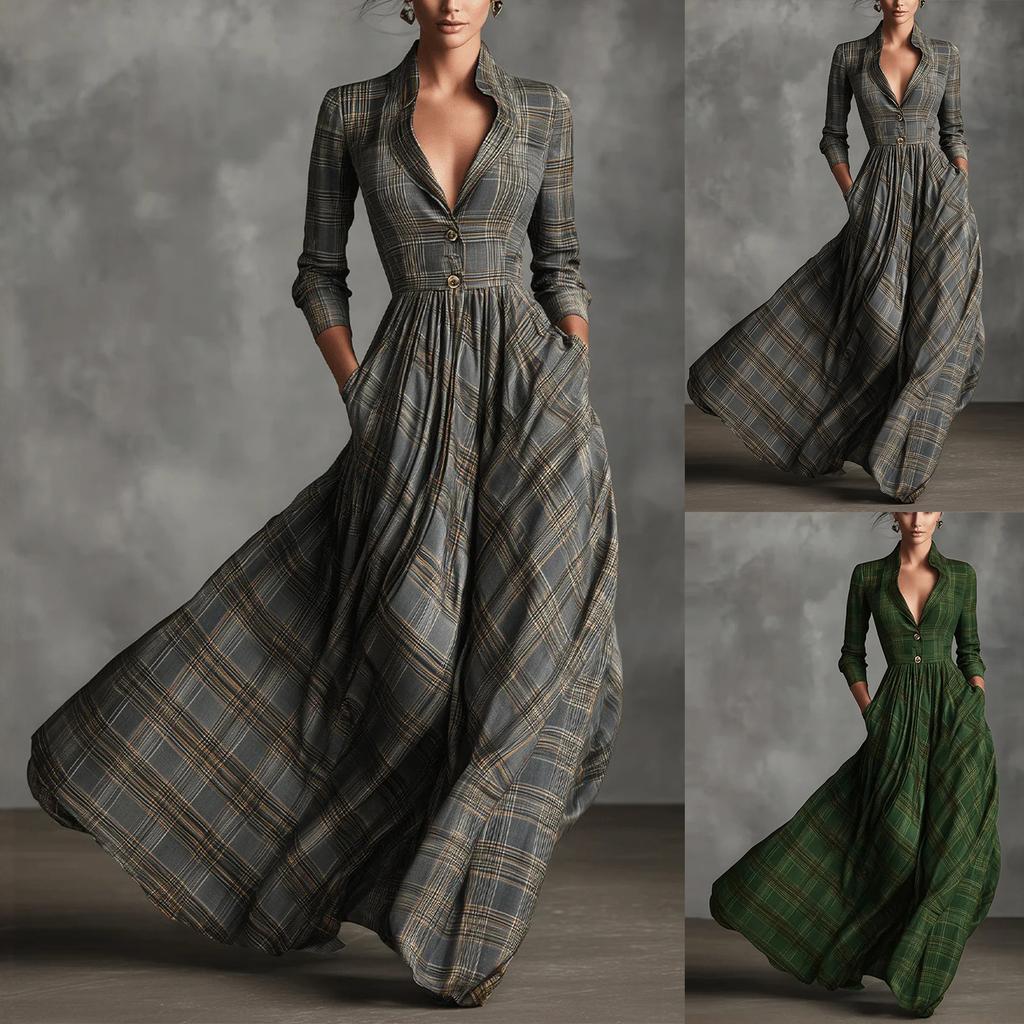 Abito a quadretti da donna con scollo a V, bottoni, bottoni, spacchi, orlo asimmetrico, abito lungo a quadri con tasche