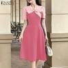 ZANZEA Women Bows V-Neck Short Sleeve Casual Patchwork Dress