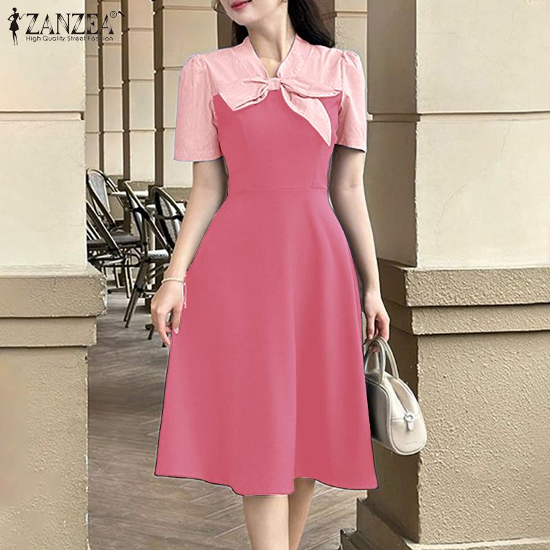 ZANZEA Rochie Casual de Damă cu Funde, Gât în V, Mânecă Scurtă, Patchwork