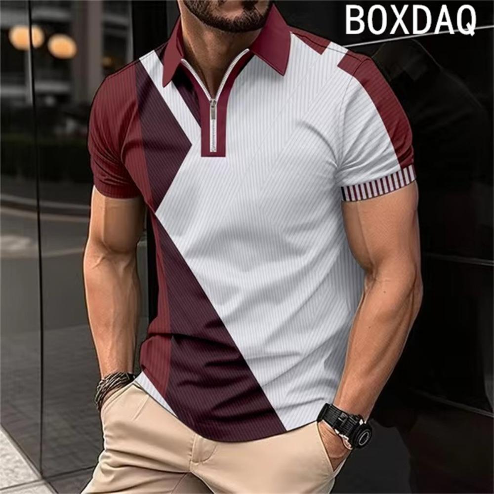 Men's Short Sleeved Shirt, Fashionable Geometric Pattern Patchwork Shirt, Men's Summer Sports Polo