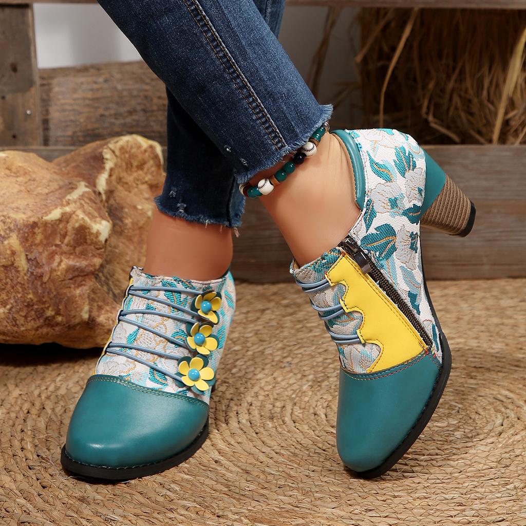 Fashion Women Ankle Boots Mixed Colors Flower Side Zipper Women Shoes Printed High Heels Shoes 2025 Autumn/Winter New Retro Boots Women