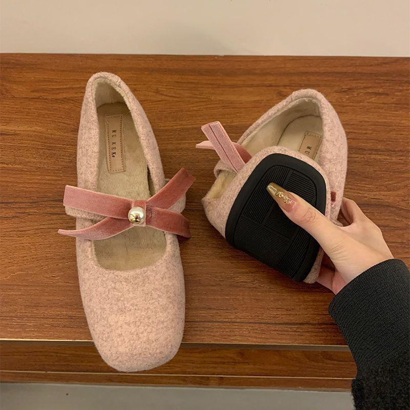 

Woolen hair heightening round head velvet single shoes women s 2025 autumn and winter word with bow versatile Mary Jane evening shoes 39 розовый