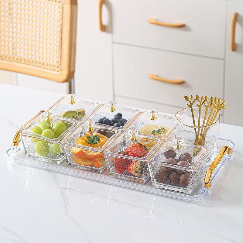 Elegant Glass Divided Serving Platter Seven-Grid Tray, Lid & Fork Set