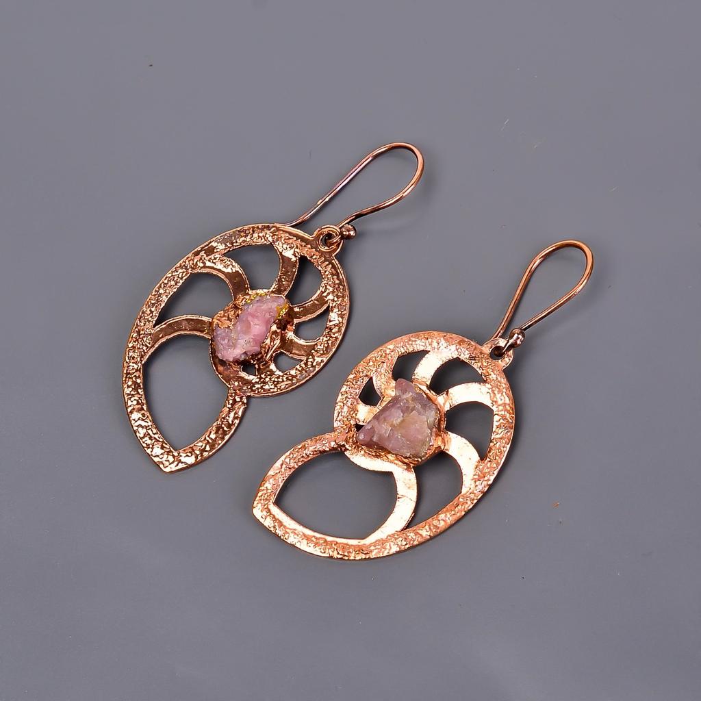 Natural Pink Sapphire Copper Dangle Daughter Gift Electroformed Earrings Jewelry V-103