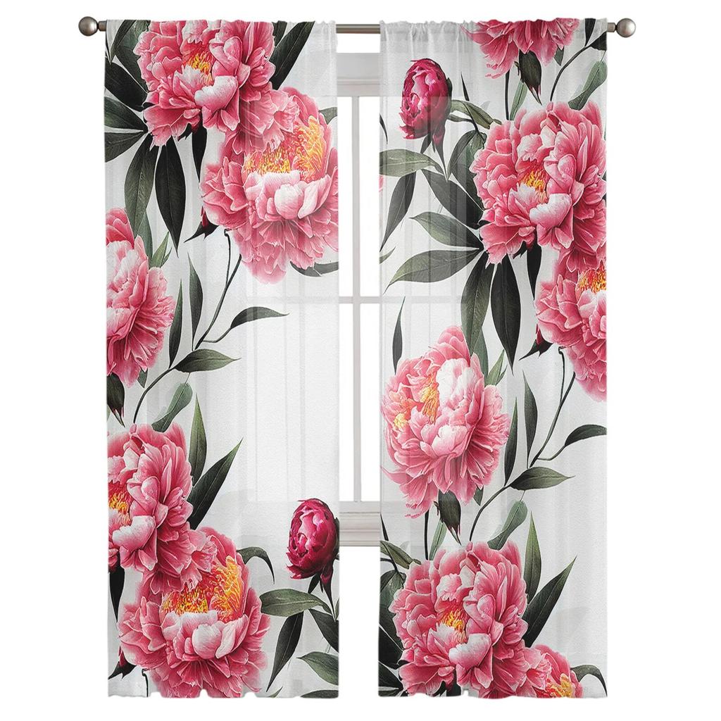 Peony Flower Chinese Ink Painting Bedroom Transparent Sheer Curtains Holiday Decoration Window Voile Tulle Curtain