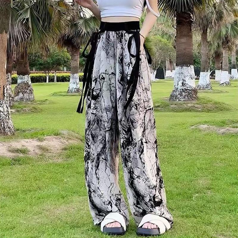 Women s Summer Ice Silk Tie-Dye Wide-Leg Pants with Ink Painting Print 2XL