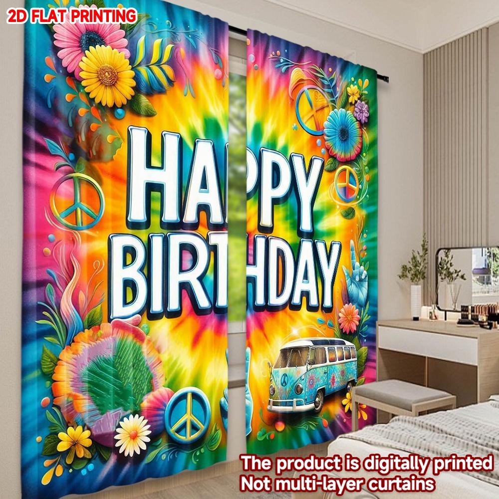 2D Flat Printing 2pcs Curtains Birthday Tie-Dye Celebration Digital Printed Polyester Drapes Family Party Decoration Perfect for