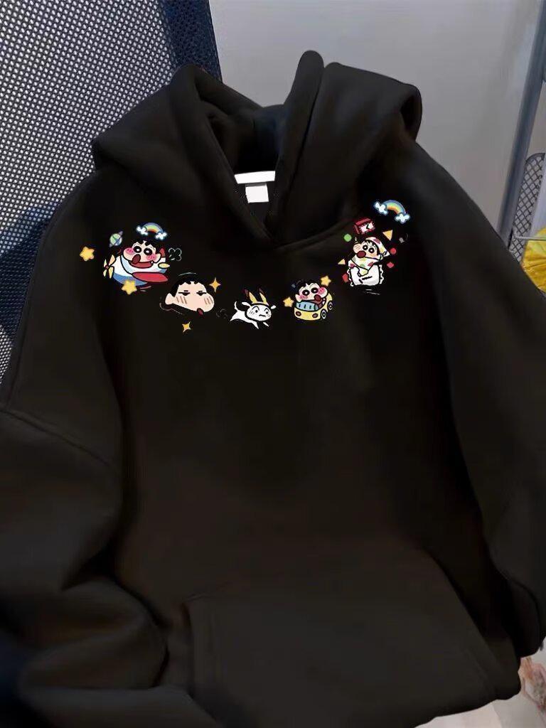 Youth Velvet Cartoon Hooded Sweatshirt - Casual Autumn/Winter Trend for Couples