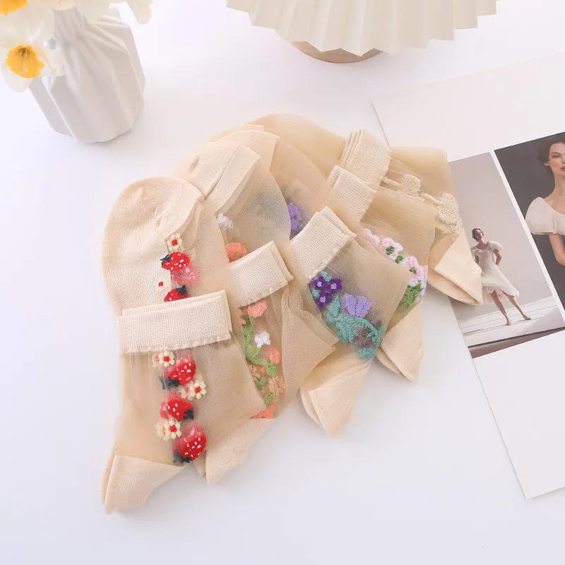 5 Paires de Bas Mi-Mollet Femme Été Dentelle Nouveau Style Broderie