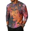 Men's Casual Halloween Printed Crew Neck Shoulder Three Quarter Sleeve Top with Button and Bat Pattern