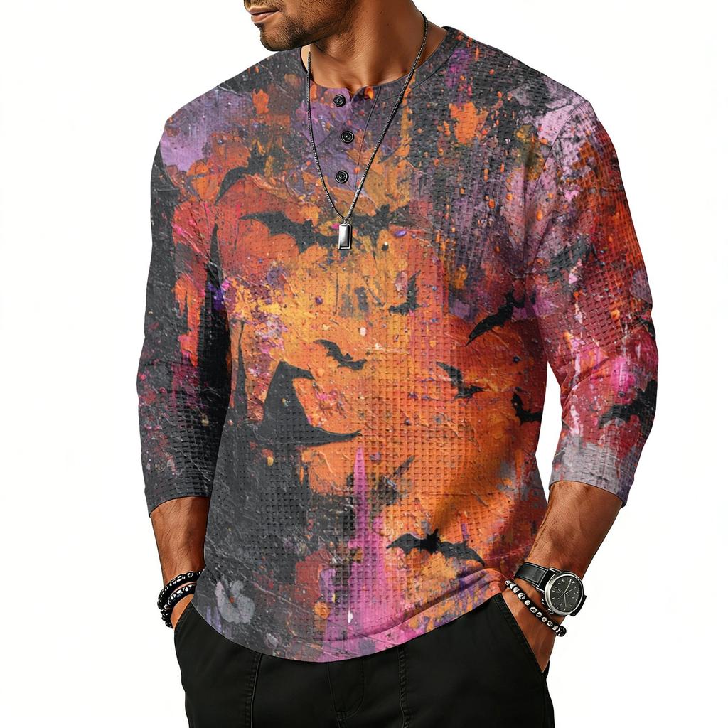 Men's Casual Halloween Printed Crew Neck Shoulder Three Quarter Sleeve Top with Button and Bat Pattern