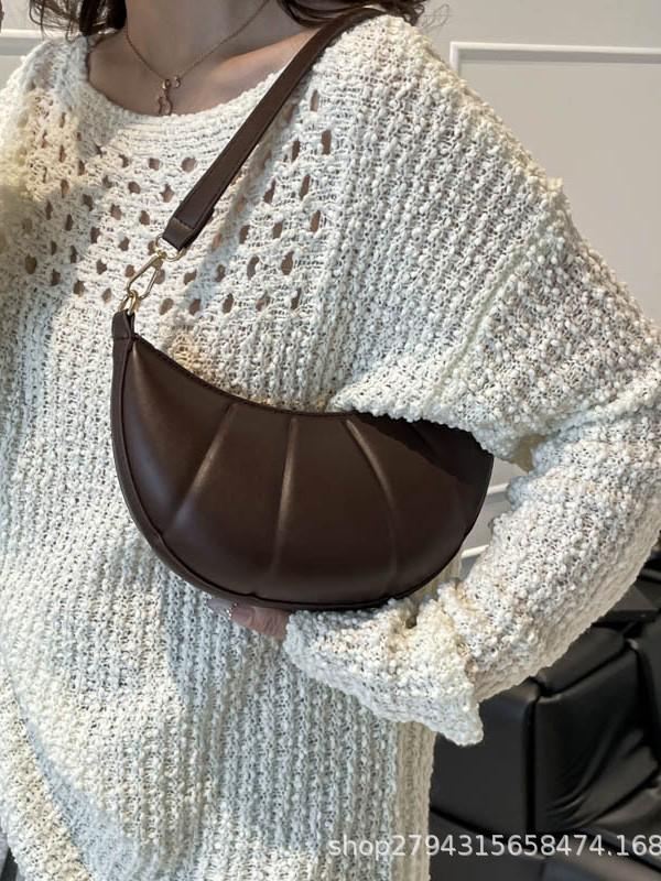 Solid Color Croissant Casual Embossed Shoulder Bag - 2025 Trend Autumn/Winter Fashion