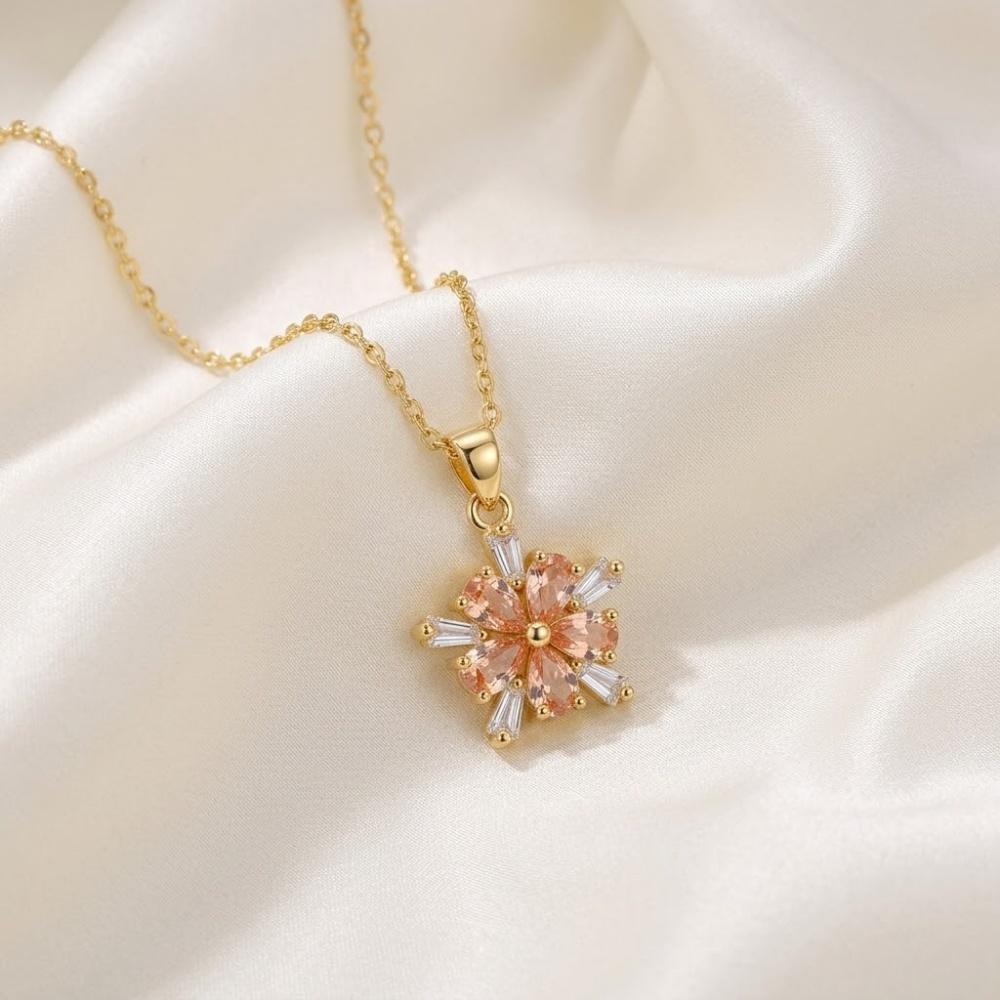 Cute Flower Female White Pink Zircon Stone Skeleton Pendant Necklace Gold Color Wedding Jewelry For Women