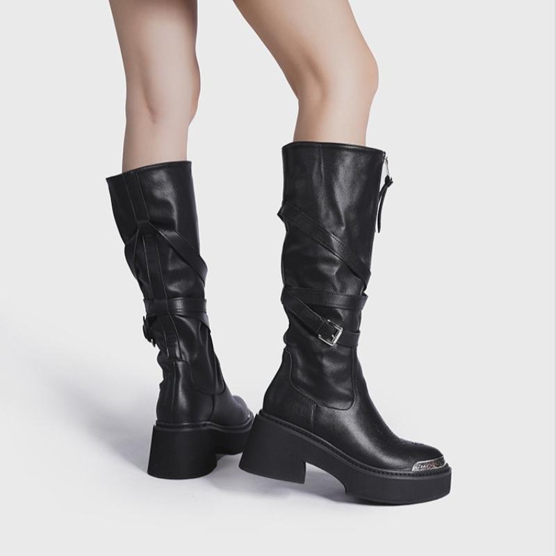 Bottes pour femmes Deux Portés Tête Métallique Tube Haut Mode Bottes pour Femmes Tendance Punk Gothique Rock Cuir Chevalier Bottes Longues Botte de Moto