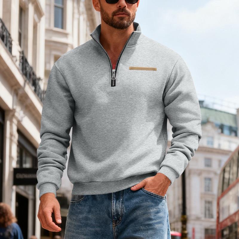 Men's Casual And Trendy American- Fleece Heavy-duty Loose Hoodie, Men's Warm Stand-up Collar Semi-pull Connection Solid Color Sports Hoodie