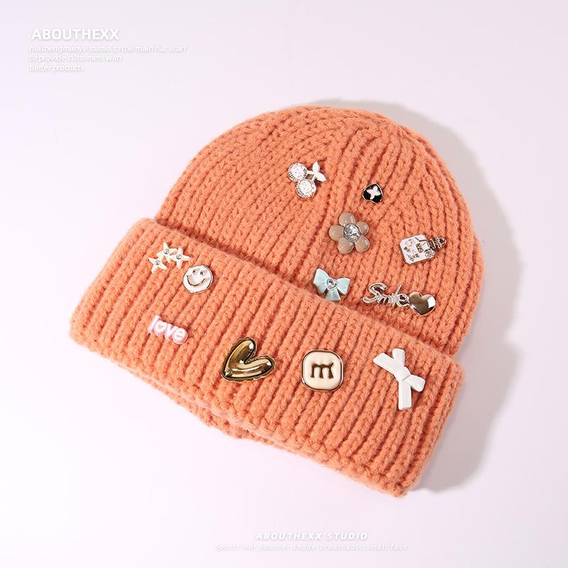 New Autumn and Winter Hat Women's Multi Button Thick Thread Knitted Woolen Hat Warm Ear Protection Bag Head Hat Pullover Cold Hat