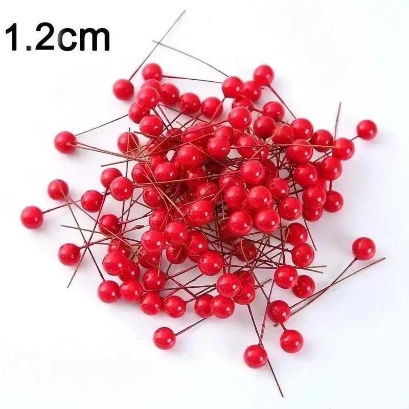 50PCS Creative Plastic Berry Artificial Flower RedCherry Pearlescent Stamen DIY Wedding Christmas Cake Box Wreaths Decoration