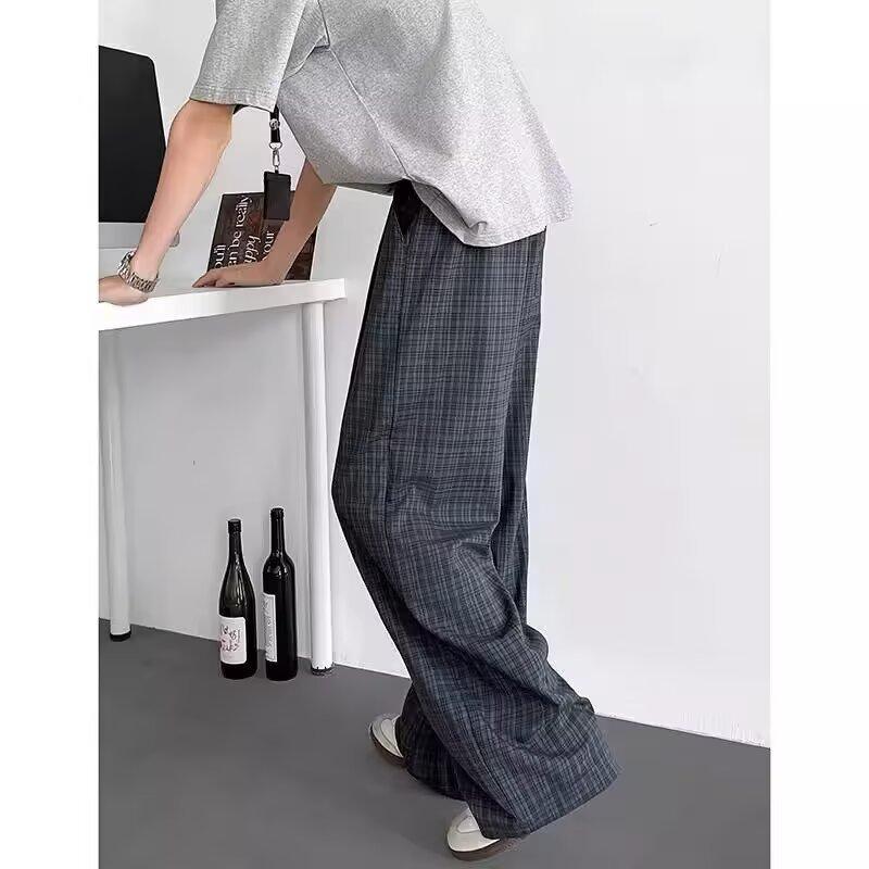 Commuter Retro Contrasting Color Plaid Casual Pants Men's Trendy Brand Lazy Loose Wide-leg Versatile New Elastic Waist Trousers