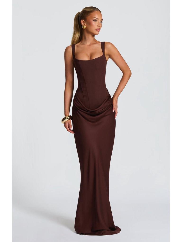 Women's Spring Slim Fishbone Strappy Long Dress - Solid Color Hip-Hugging Design