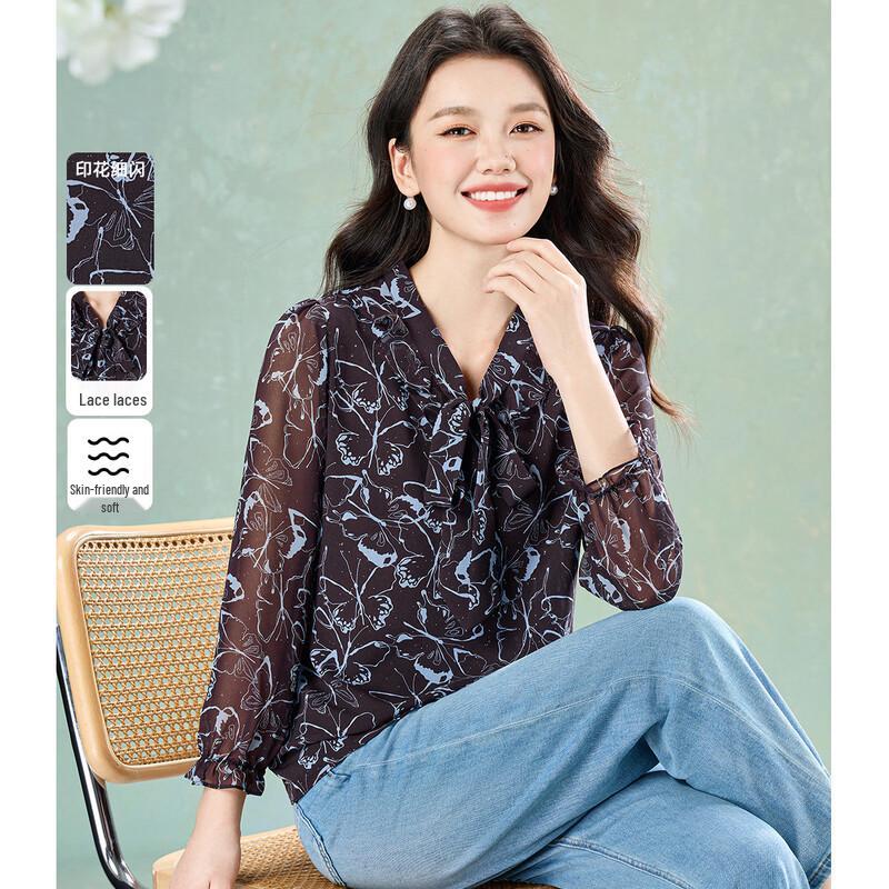Meilanli Lightweight Chiffon Butterfly Print V-Neck Blouse L