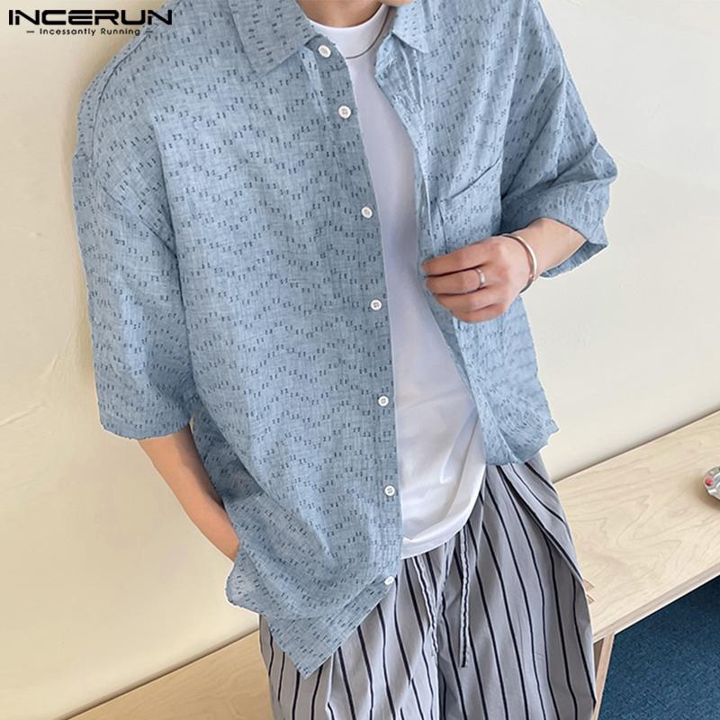 INCERUN Oversized Men Summer Lapel Neck Short Sleeve Buttons Print Casual Loose Shirts
