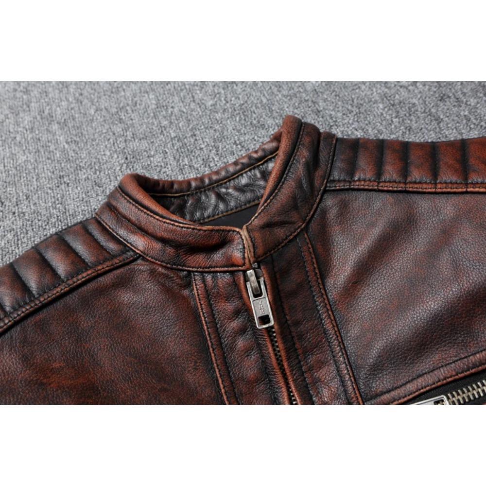 Chinesische Größe Echte Kuhlederjacke Herren Motorradjacken Echtes Rindsleder Vintage Herren Ledermantel Bikerkleidung