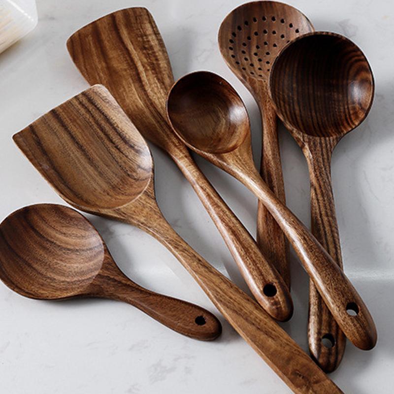 Wood Cooking Utensils Set of 4 Safe Natural Wood Cooking Spoons Kitchen Cookware Large Soup Spoon Cooking Utensils Spatula